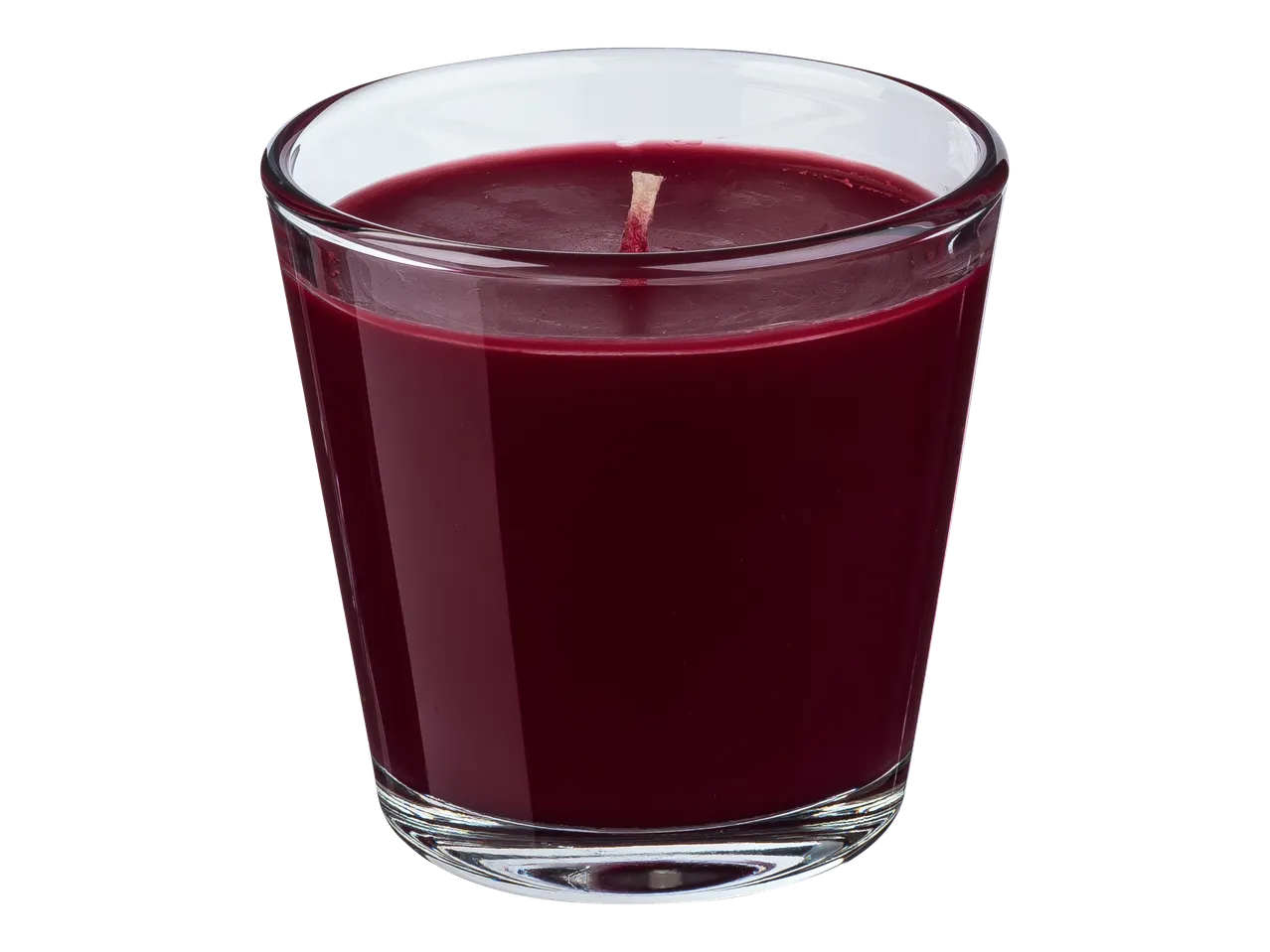 Livarno Home tamsiai raudona kvapioji žvakė stiklinėje.