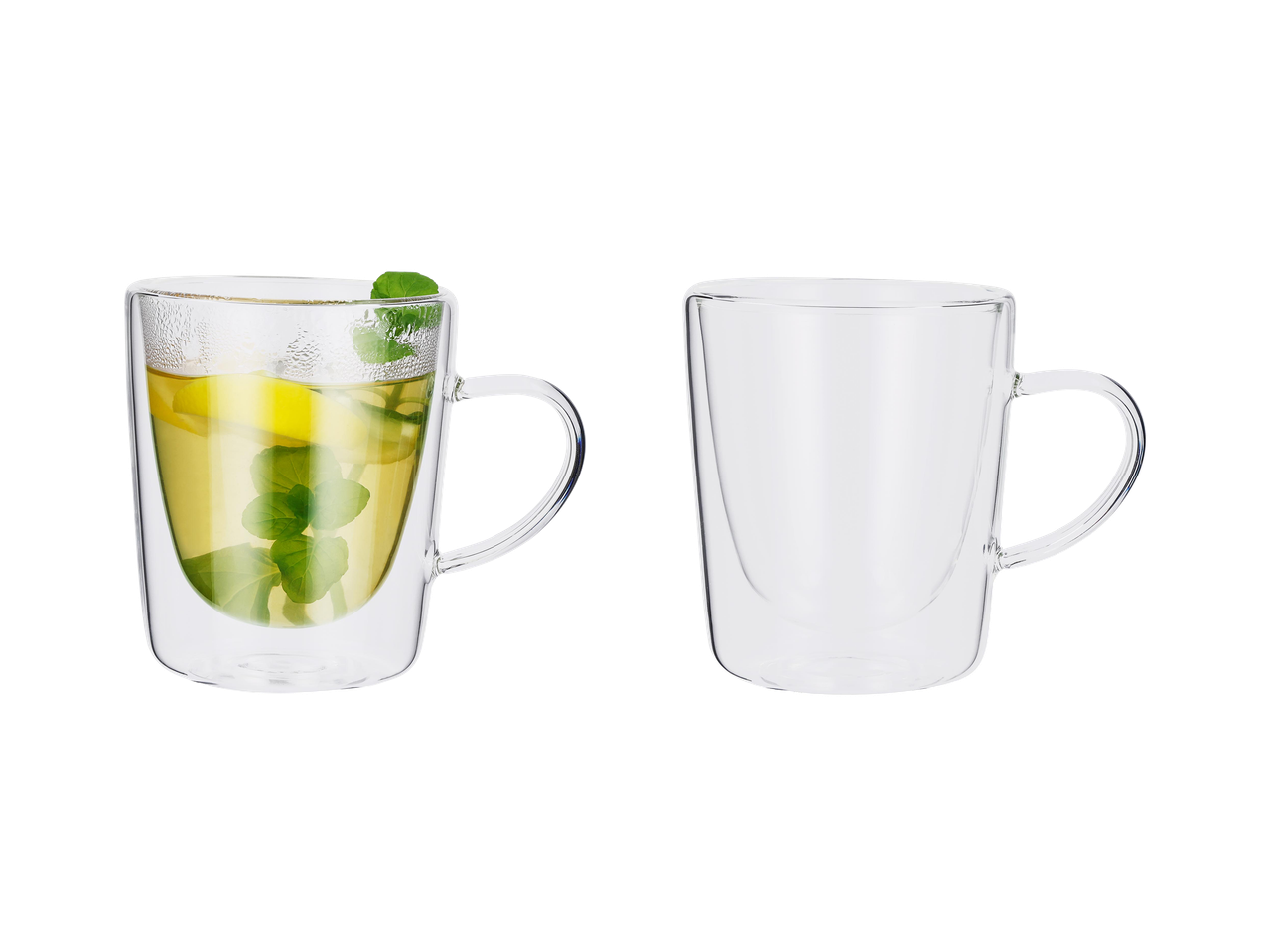 Két dupla falú üvegbögre, az egyikben citromos mentatea, a másik üres.