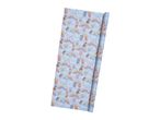 Light blue wrapping paper with a pattern of cute animals, rainbows, and balloons.