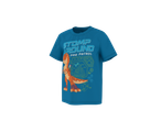 T-shirt azul infantil com um dinossauro laranja e o texto 'STOMP AROUND PAW PATROL'.
