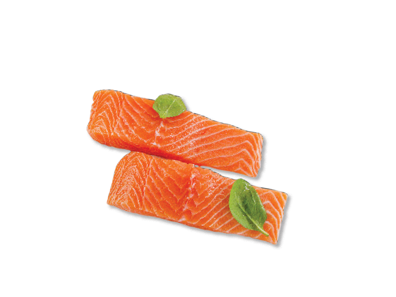 Divas laša filejas ar bazilika lapiņām uz melna fona.