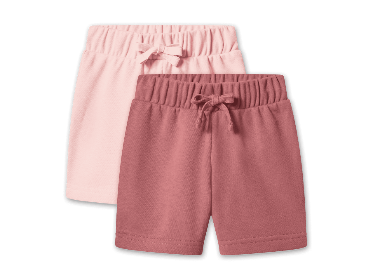 Zwei Shorts für Babys in Rosa und Altrosa mit elastischem Bund und Zierschleife.