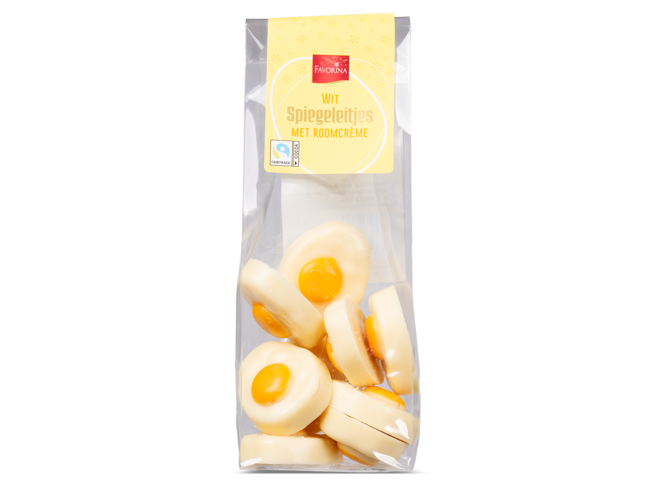 Een zak witte chocolade eitjes met roomcrème, met een Fairtrade Cocoa logo op de verpakking.