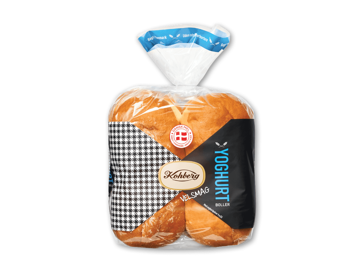 Pakke med yoghurtboller fra Kohberg, med teksten 'YOGHURT BOLLER' og 'VELSMAG'.