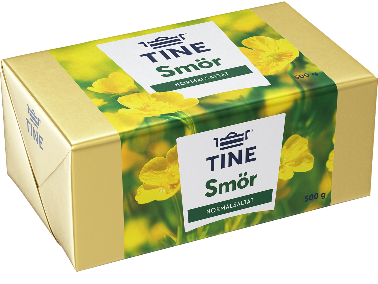 Ett paket smör med en guldfärgad förpackning och ett grönt band med gula blommor.