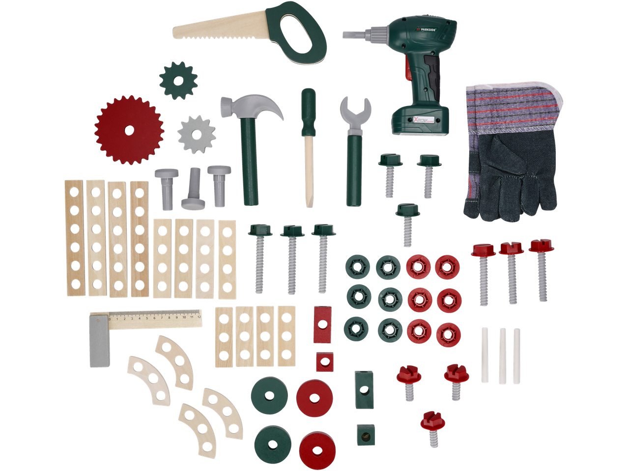 A wooden toy workbench set with tools, screws, nuts, and building blocks.