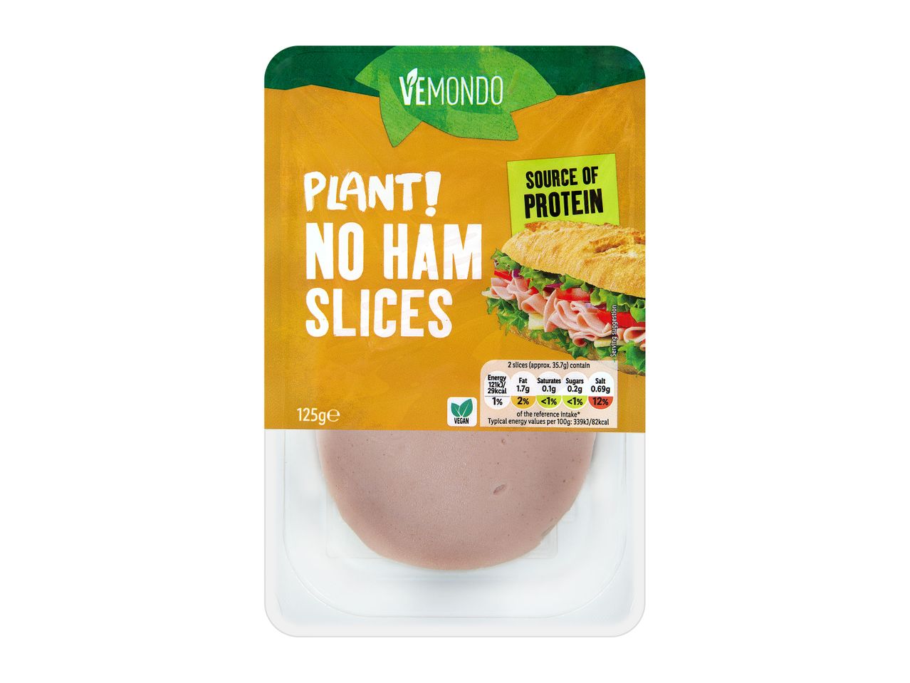 Vemondo Plant No Ham slices: 125g pack, ideal for sandwiches.