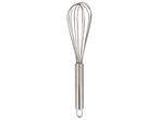 A stainless steel whisk, a common kitchen utensil, on a black background.