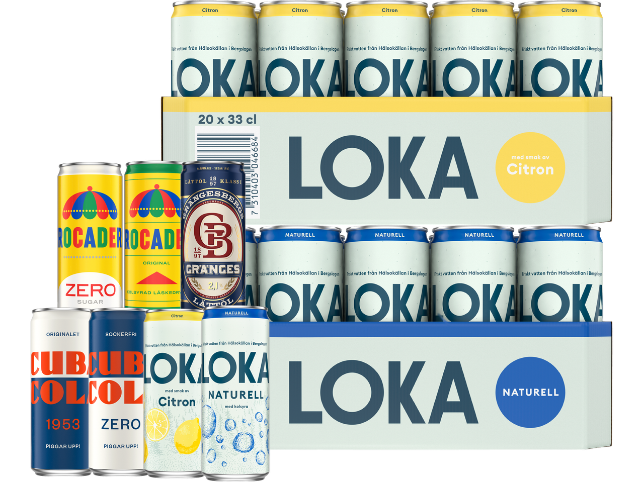 Blandade drycker, inklusive Loka och andra märken i burkar.