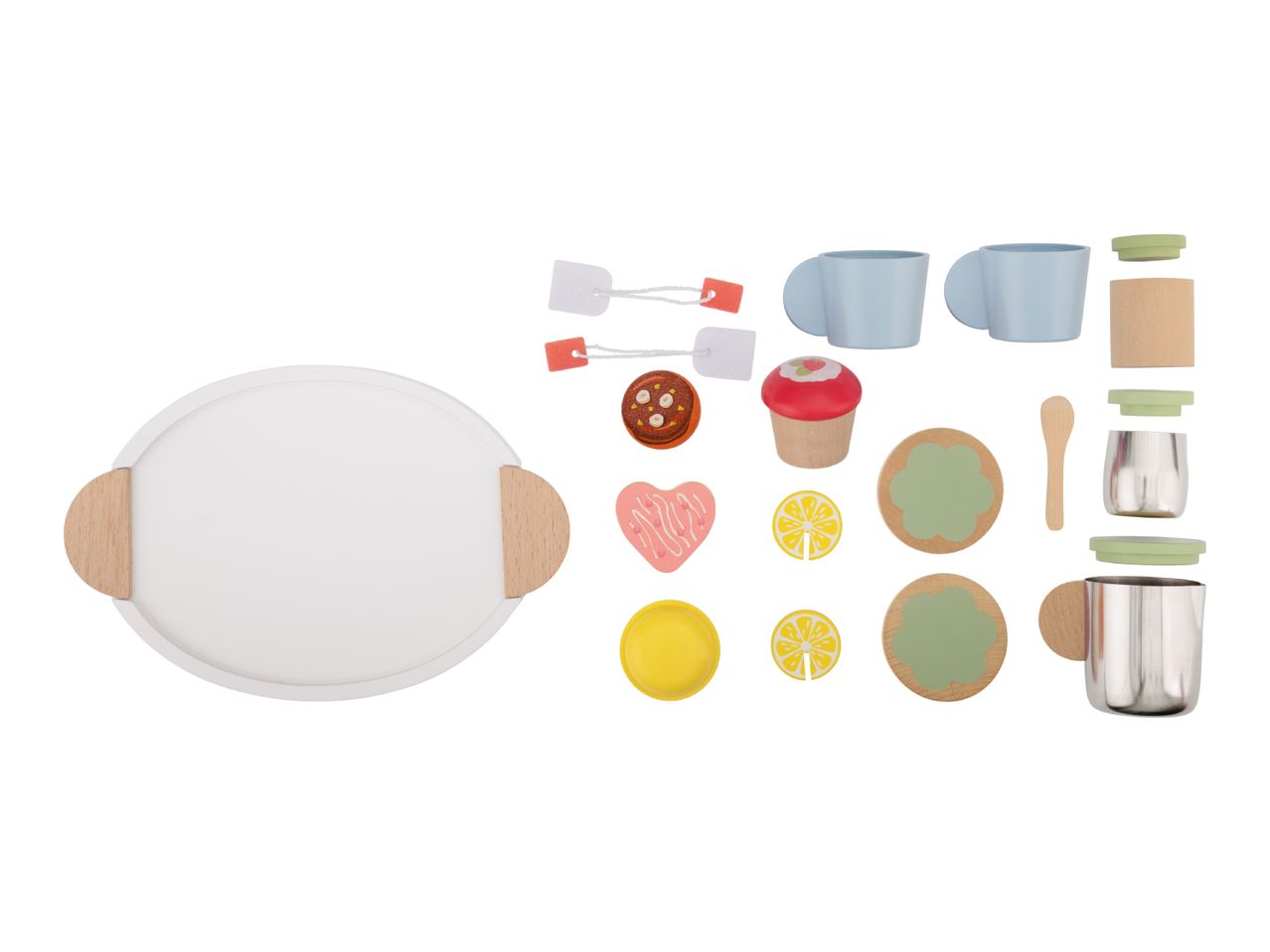 Wooden toy tea set with tray, cups, tea bags, desserts, and lemon slices.