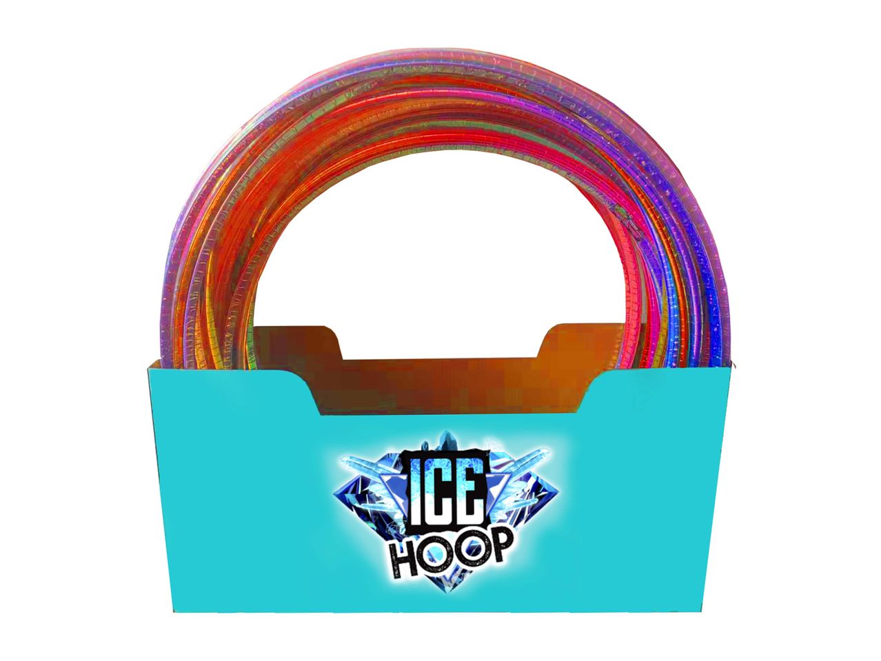 Colorful iridescent hoops in a turquoise box with a 'ICE HOOP' logo.