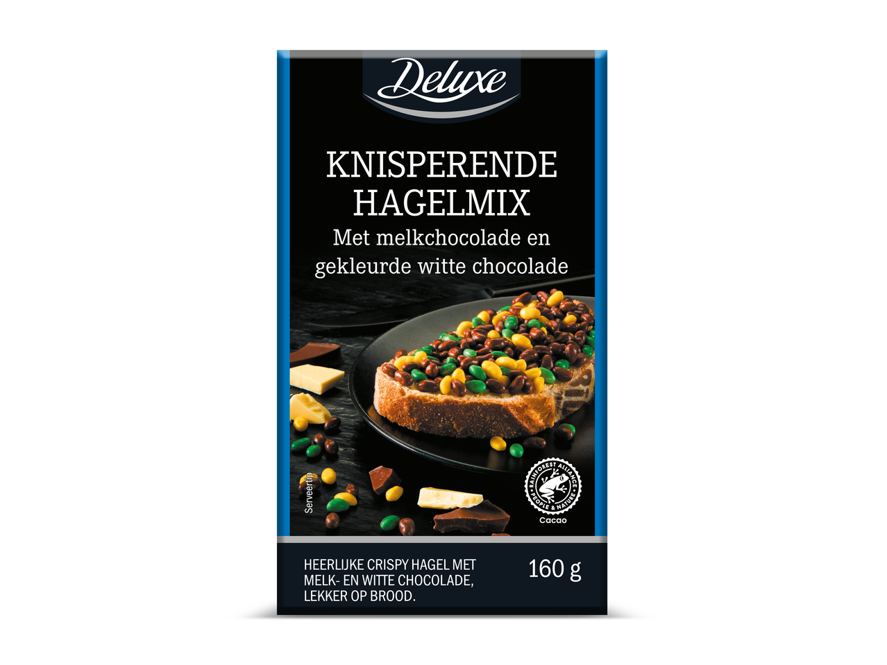 Deluxe Knisperende Hagelmix met melk- en gekleurde witte chocolade, lekker op brood.
