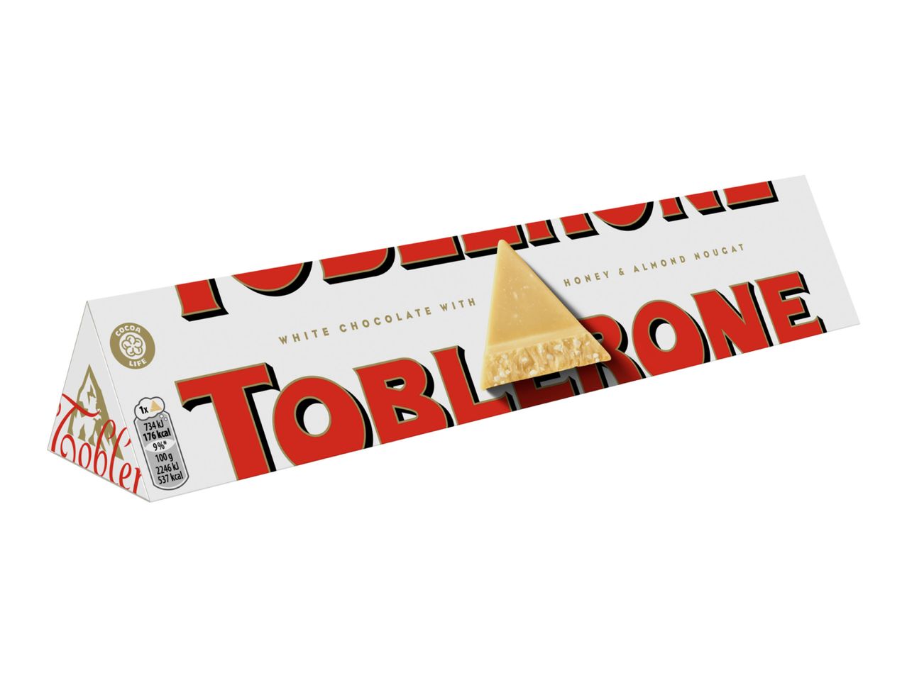 Toblerone white chocolate bar with honey and almond nougat, showing a single piece.