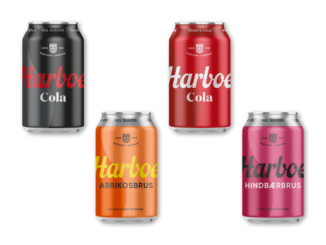 Fire sodavandsdåser: to cola, en abrikosbrus og en hindbærbrus, alle med teksten 'Nul Sukker'.