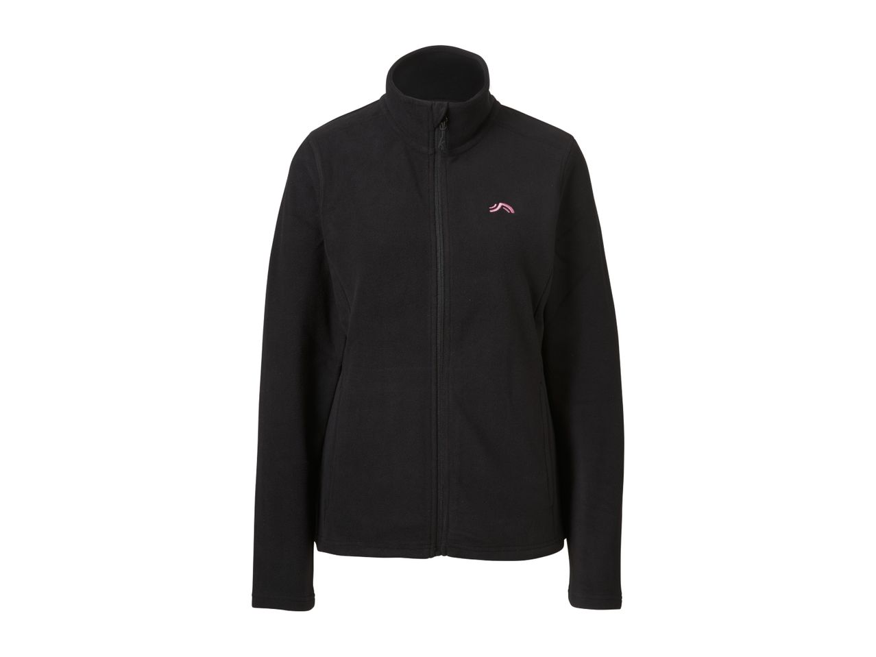 Women's black fleece jacket with a pink logo on the chest