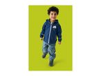 A smiling child in a blue rain jacket with a cloud and 'HAPPY DAY' text, and blue rain pants.