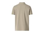 Back view of a men's beige polo shirt with white trim on the collar and sleeves.