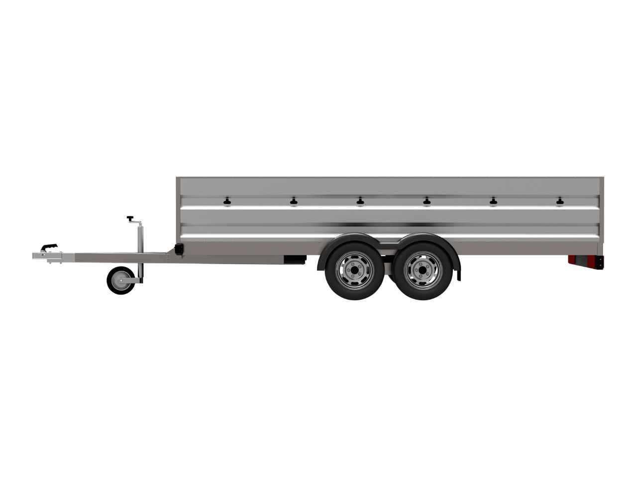 A side profile of a gray cargo trailer with dual wheels and a jockey wheel.