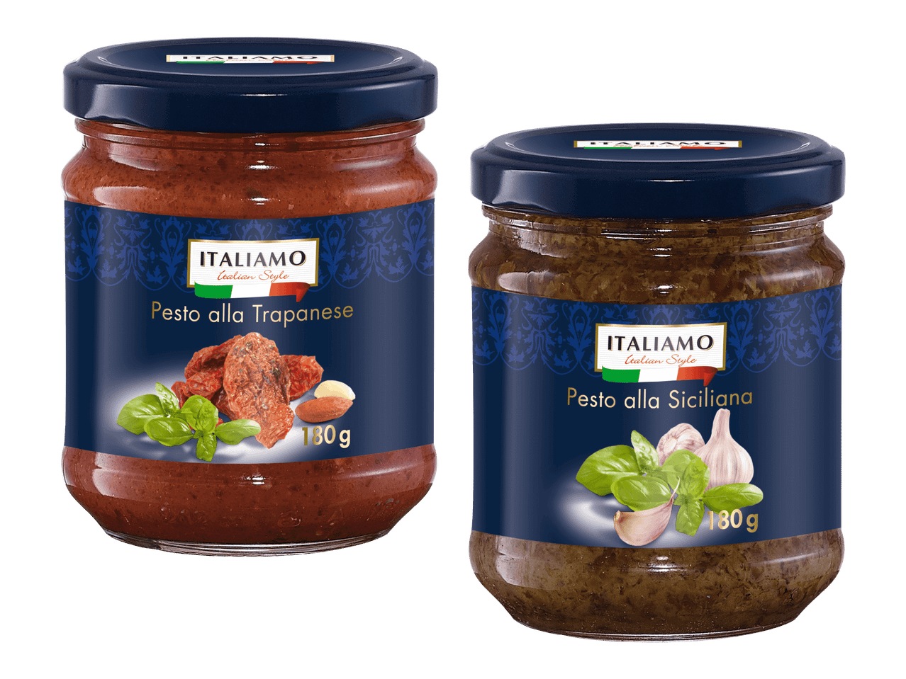 Kaksi purkkia Italiamo-pestoa: Pesto alla Trapanese ja Pesto alla Siciliana.