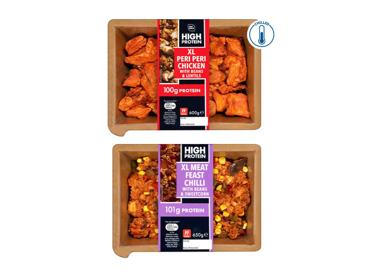 Two chilled high-protein ready meals: XL Peri Peri Chicken with Beans & Lentils (100g protein, 600g) and XL Meat Feast Chilli with Beans & Sweetcorn (101g protein, 650g).