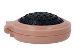 A compact, foldable hairbrush with a black bristled dome and a light brown base.