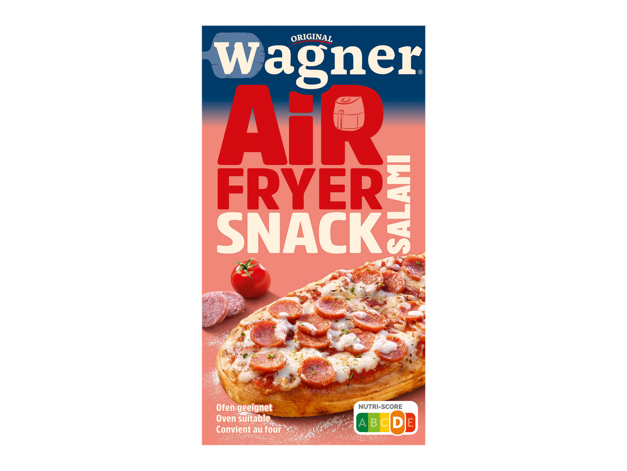 Verpakking voor een airfryer pizzasnack met salami, geschikt voor de oven, met Nutri-Score C.