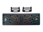 Black push-up board with color-coded muscle group guides and two grey handles.