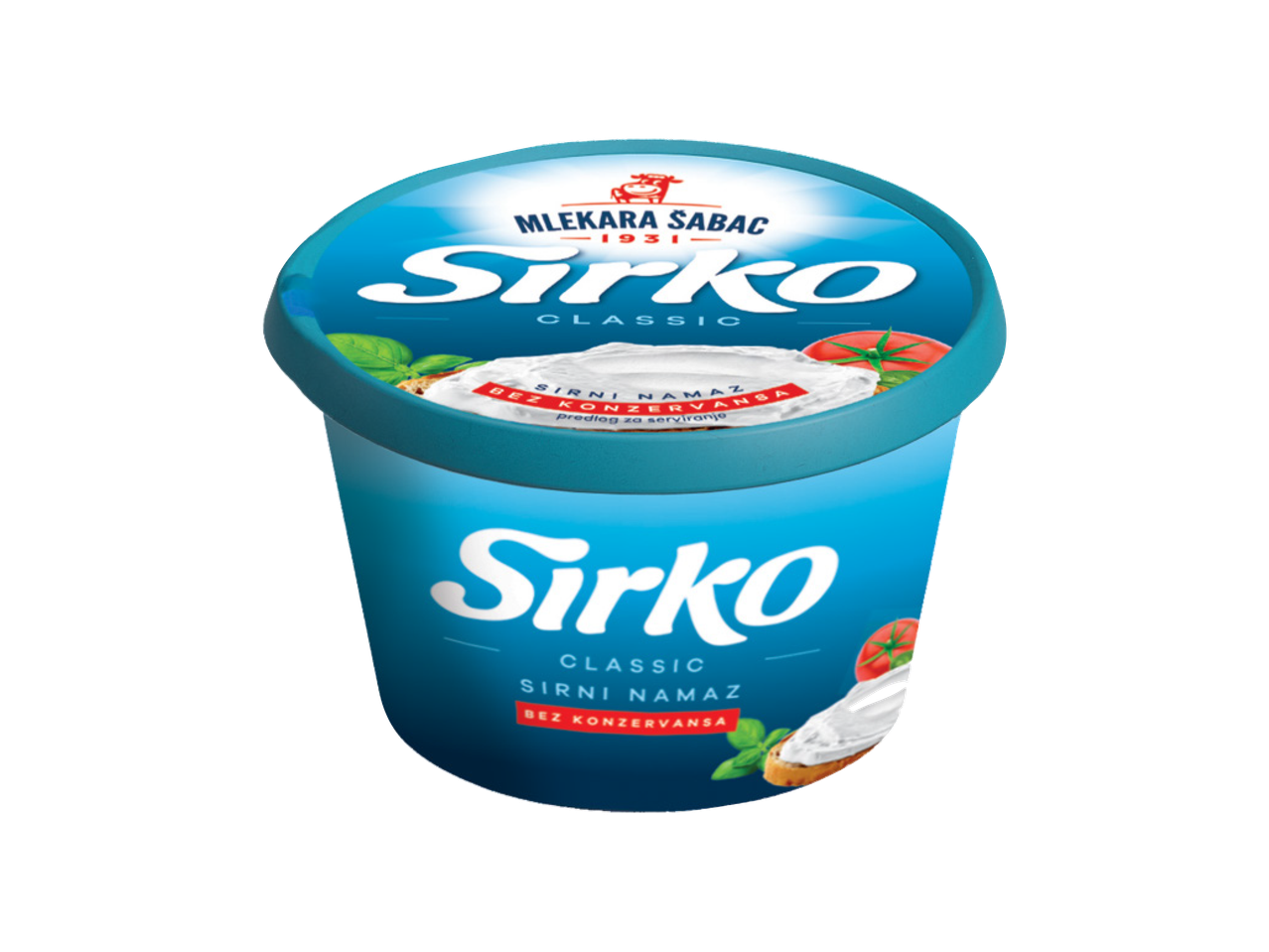 Plava posuda sa krem sirom, paradajzom i bosiljkom, sa natpisom 'Sirni namaz bez konzervansa'.