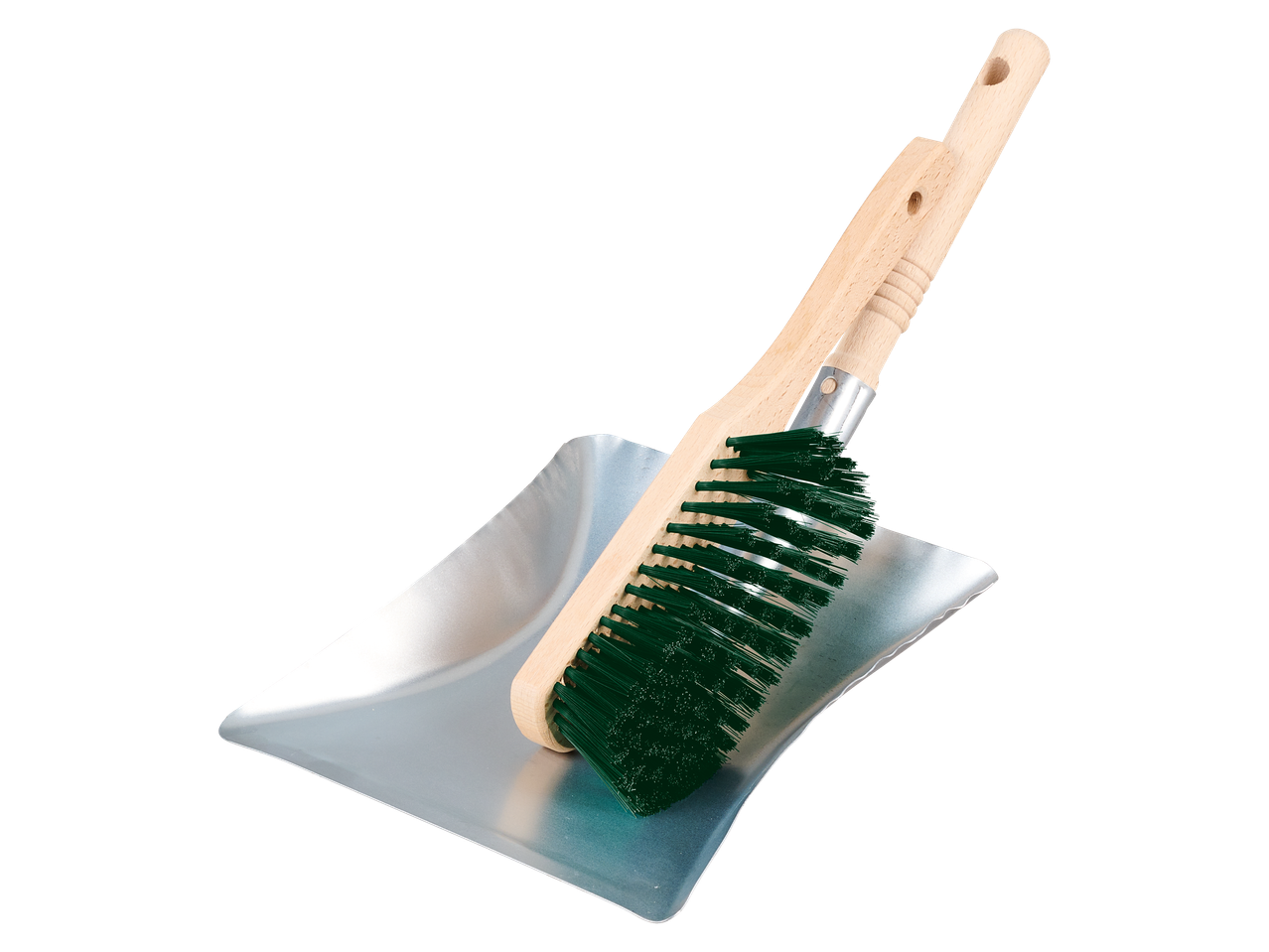 Hand brush with broom and metal dustpan on a black background.
