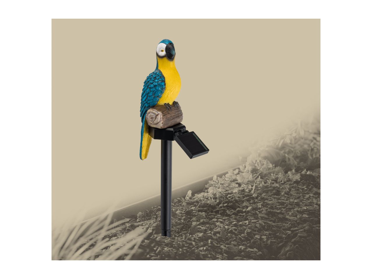 Solar-powered garden stake with a decorative parrot figure, set in a garden bed.