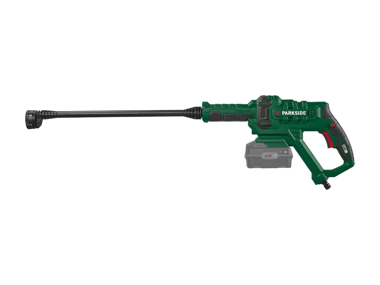 A green, handheld power washer with a long wand.