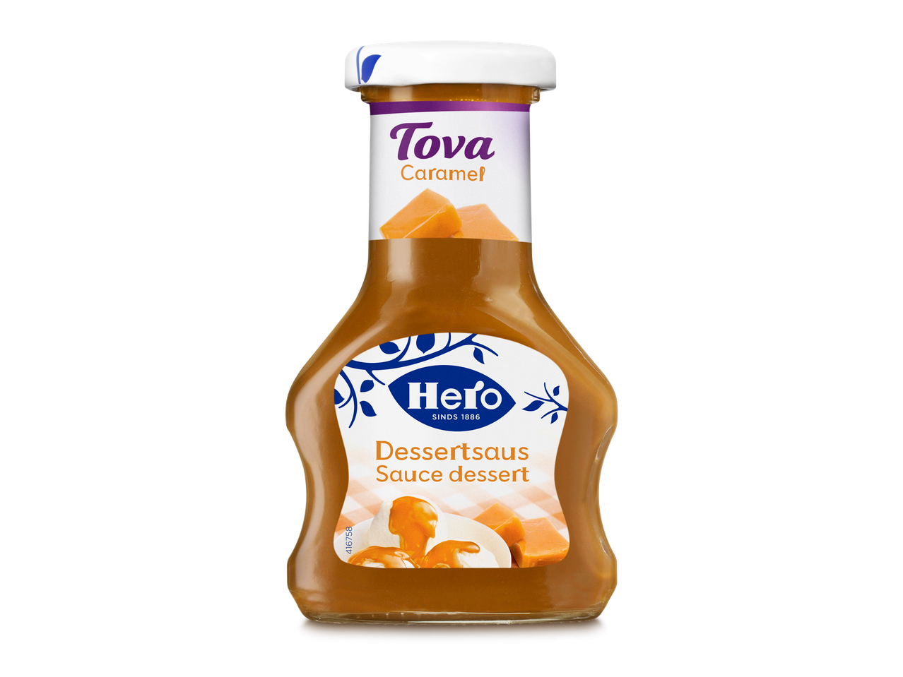 Fles karameldessertsaus met karamelblokjes en een schep room op het etiket.