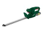 Cordless hedge trimmer with a long blade and a battery pack indicated by a yellow X.