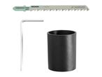 Jigsaw blade for wood, hex key, and black cylindrical adapter