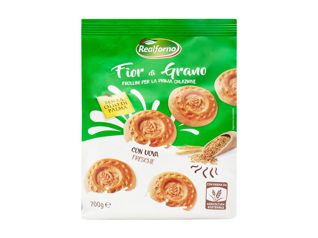 Sacchetto di biscotti Realforno Fior di Grano, 700g, senza olio di palma, con uova fresche e farina da agricoltura sostenibile.
