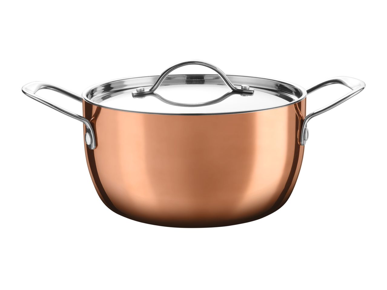 Copper-colored stainless steel cooking pot with lid and handles