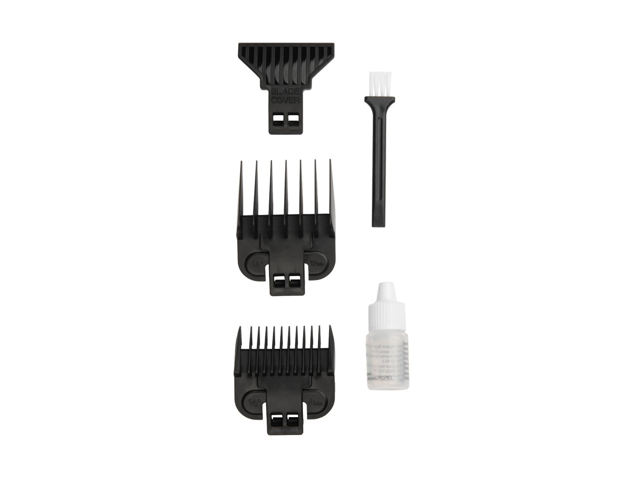 Hair clipper accessories: blade cover, combs (12mm, 3mm), cleaning brush, and oil.