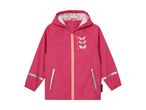 Pink children's rain jacket with butterfly print and reflective details.