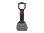 Cordless work light with a bright LED, green and black body, and a red button.
