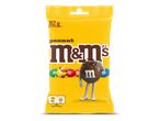 Gele zak met pinda-chocoladesnoepjes, met een bruin snoepje met bril.