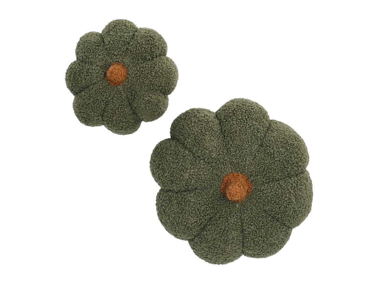 Two green flower-shaped cushions with a brown center.