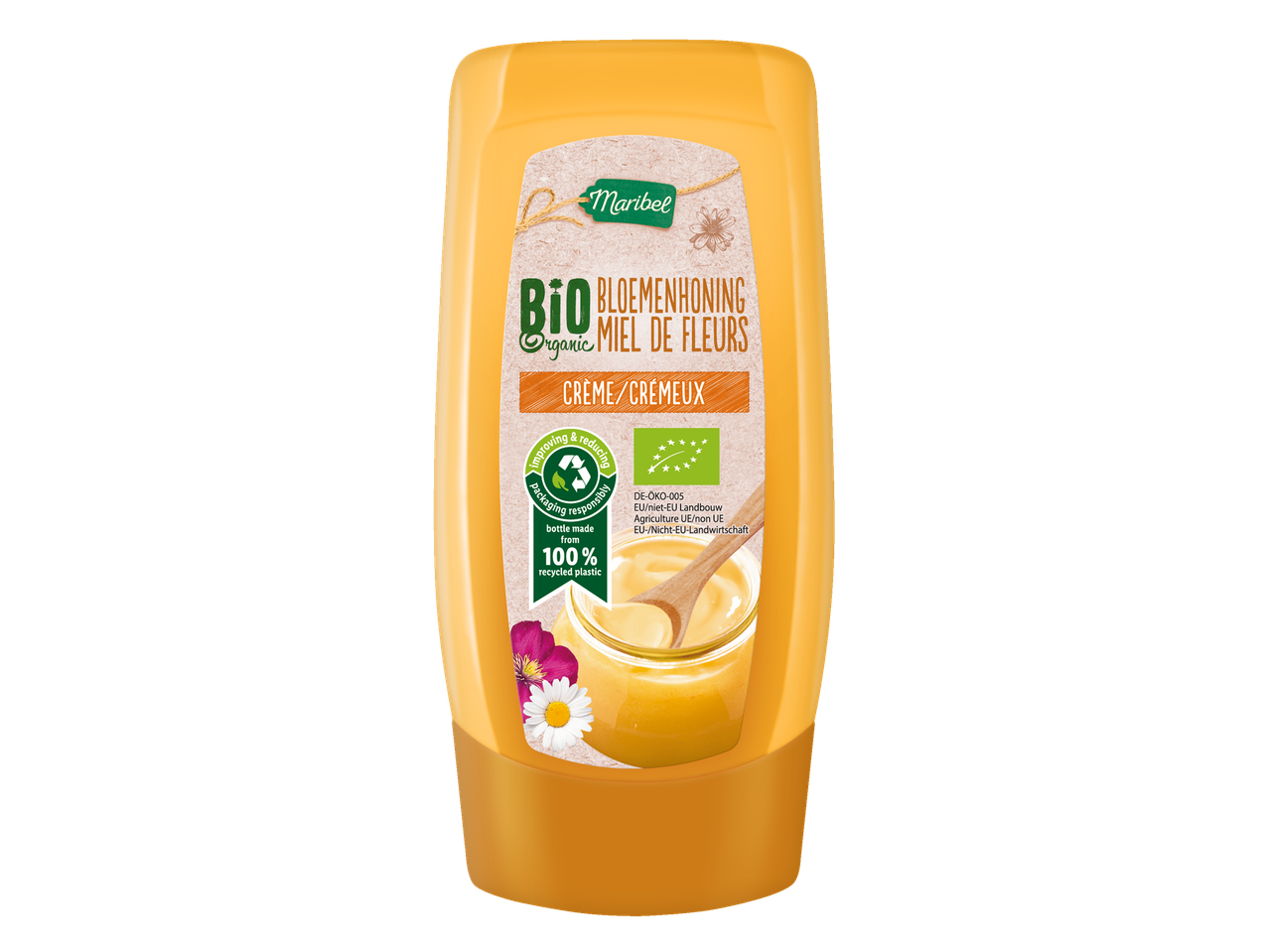 Miel de fleurs bio Maribel en bouteille souple, fabriquée à partir de 100% de plastique recyclé.