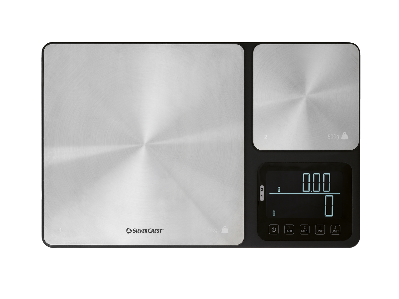 Balança de cozinha digital com duas plataformas de pesagem e ecrã.