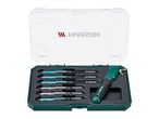 Jigsaw blade set with various blades for wood, plastic, and metal, and a jigsaw handle in a case.