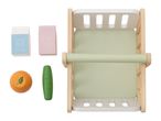 Wooden toy shopping cart with milk, juice, orange, and cucumber.