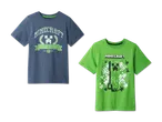 Minecraft Kinder-T-Shirts: dunkelblau mit Logo und grün mit Creeper.