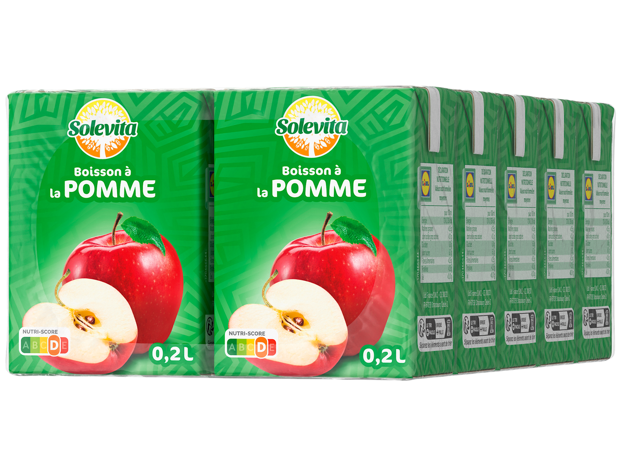 Un pack de jus de pomme avec un Nutri-Score D, affichant des pommes rouges et des informations nutritionnelles.