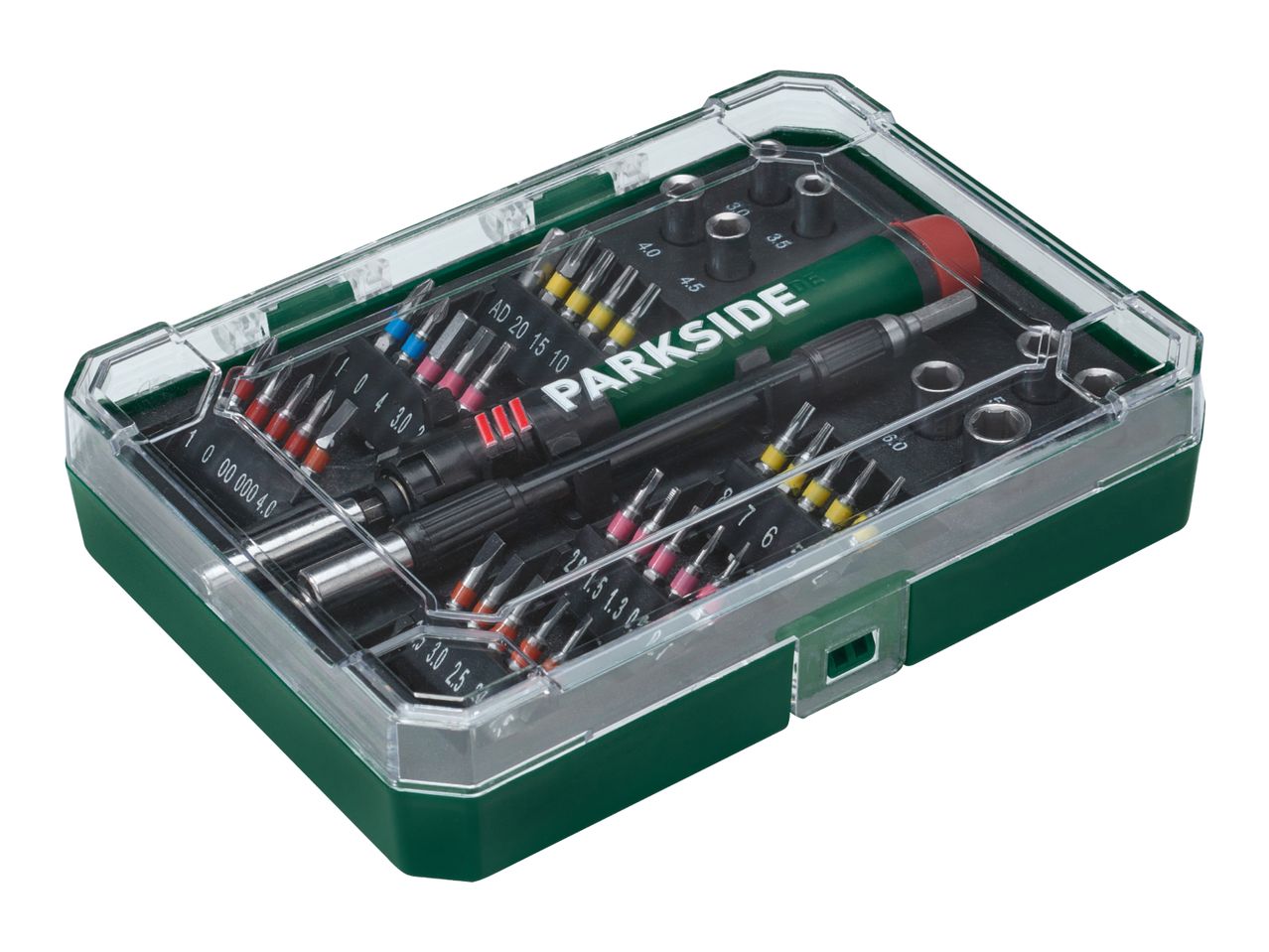 A Parkside screwdriver and bit set in a clear and green case.