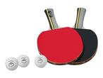 Two table tennis rackets, one red and one black, with three white table tennis balls.