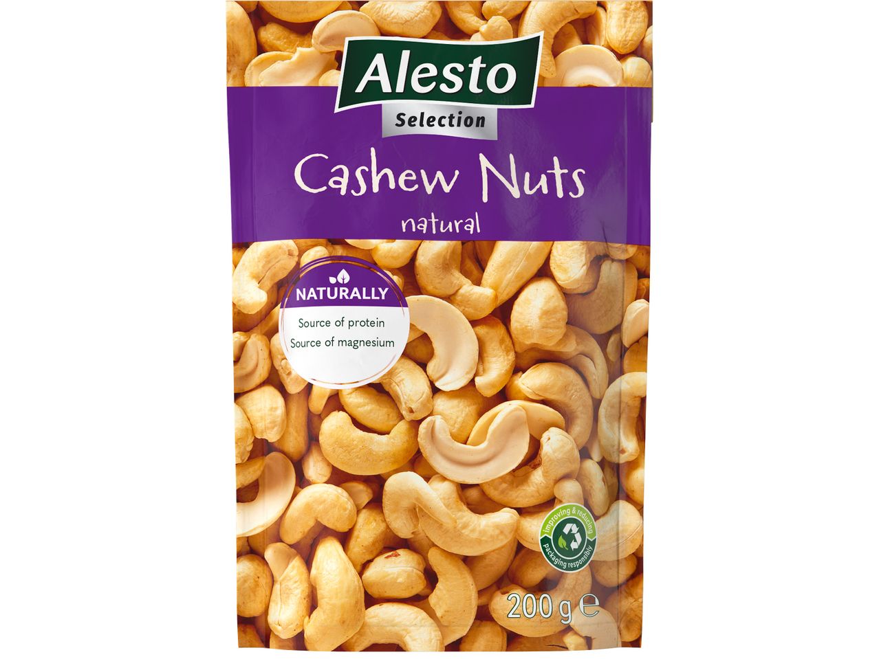 Пакетче с 200 грама натурални кашу ядки Alesto Selection.